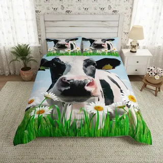 feelyou Großes Kuh-Bettwäsche-Set Whiye Gänseblümchen-Blumen-Grün-Gras-Bettwäsche-Set 155 x 220 cm Bauernhoftier-Bettwäsche-Set für Kinder Jungen Mädchen Teenager 2-teiliges Reißverschluss-Mikrofaser