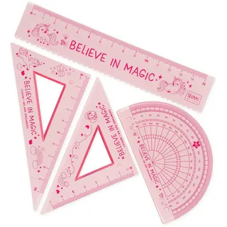 Legami - Geometrie Set, Set mit 15 cm Lineal, 10 cm 60° Quadrat, 180° Winkelmesser für die Schule, inkl. Koffer, flexibles Material, Unicorn-Motiv