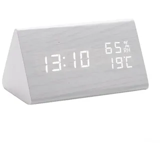Pumixiy Digitaler Holzwecker mit Temperatur- und Feuchtigkeitsanzeige, großer LED-Bildschirm für Zuhause, Schlafzimmer, Wohnzimmer, Dekoration, USB- oder Batteriebetrieb (weiß)