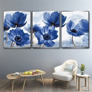 RAILONCH 3er Set Premium Poster Modern Bilder Deko Wanddeko, Blau Blumen Poster Wohnzimmer Wanddeko Home Deko für Wände - Ohne Rahmen (A,50 x 70 cm)