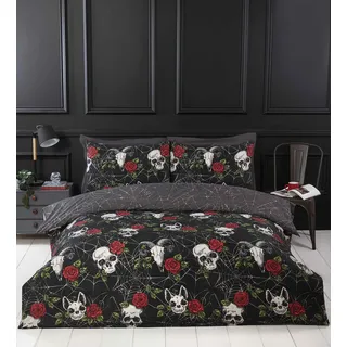 Rapport Home Black Duvet Cover Set with Skulls & Roses, Halloween Themed Microfiber Single Bedding Set