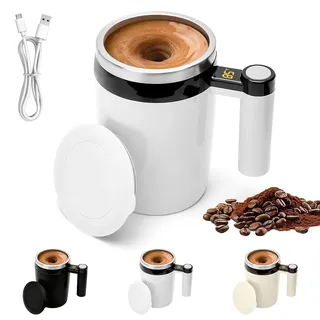 Selbstrührende Kaffeetasse, 380ml Automatischer Selbstrührung Tasse, Elektrischer Selbstrührende Becher mit Temperaturanzeige, Magnetische Mixerbecher für Kaffee, Milch, andere Getränke (Weiß)