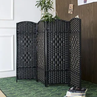 Furnnylane Rattan-Trennwand mit 4 Paneelen, kurzer Raumteiler, doppelseitig, faltbar, Trennwand für Raumtrennung, schwarz, 120 H,PF22004A-104