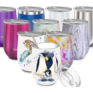 THILY Weinglas aus Edelstahl, isoliert, ohne Stiel, Weinglas mit Deckel und Strohhalm, niedliche Tasse hält kalt für Kaffee, Cocktails, spezielle Kollektion, Pinguin