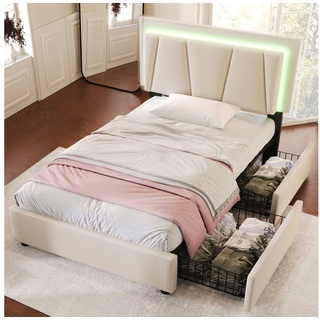 BlingBin Einzelbett Polsterbett Stauraumbett (1-tlg., Lattenrost aus Holz), mit LED-Beleuchtung, 2 Schubladen, Höhenverstellbarem Kopfteil, 90x200cm beige|weiß 99 cm x 207 cm x 112 cm