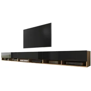 Selsey Wander - TV-Board/Fernsehschrank für Wohnzimmer hängend/stehend, optional mit LED, 300 (3 x 100) cm breit (Holzoptik Wotan Eiche/Schwarz Hochglanz, ohne LED)