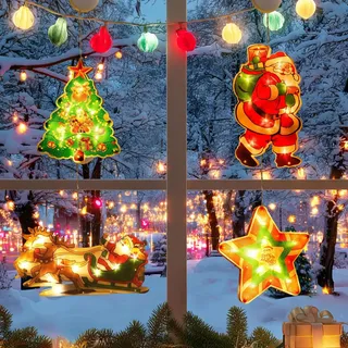 Youery LED Weihnachtsbeleuchtung 4 Stück, Weihnachtsdeko Innen mit Saugnapf, Warmweiß Fenster Lichter für Weihnachtsbaum Deko, Schlitten Christbaumschmuck, Santa Stern Weihnachten Dekoration