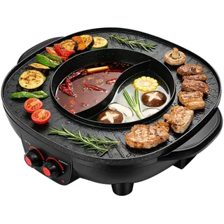 Elektrischer Multikocher Grillplatte mit Hotpot 4000W 2 in 1 Antihaftbeschichtet 2 Zonen getrennte Temperaturregelung 5-6 Personen Raclette Gerät für Familienfeier Große Kapazität