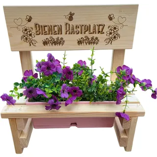 KlaSa Kreativwerkstatt Blumenbank aus Holz mit Gravur,Dekorative Pflanzbank mit Blumenkasten,Geschenk für Mama,Oma,Gartenbank für Balkon&Terrasse, Outdoor Muttertag (Bienen Rastplatz)