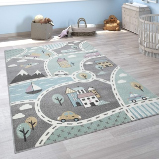 Paco Home Kinder-Teppich Mit Straßen-Motiv, Spiel-Teppich Für Kinderzimmer, In Grün Grau, Grösse:Ø 160 cm Rund