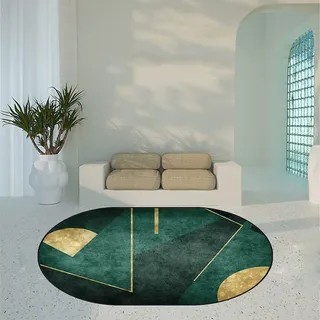 Yaaxinb Designer Teppich groß Wohnzimmer Schlafzimmer Deco Teppichbodenmatte Anti-Rutsch Unterseite Softer Kurzflor Teppich Ovaler Teppich Grün Gold Geometrische Linien 80 x 120 cm