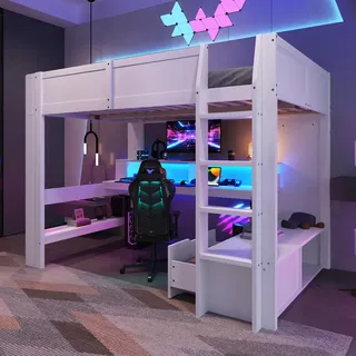 Merax Hochbett mit Schreibtisch 140x200 cm Holzbett Bettgestell mit Lattenrost, Gaming Bett mit LED-Beleuchtung, Steckdose und USB Ladefunktion, Schublade, Regale, aus Kiefernholz, Weiß