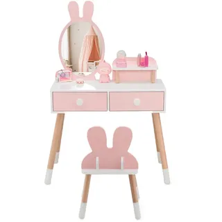 COSTWAY Schminktisch 2 in 1, aus Holz, mit Spiegel, 2 Schubladen rosa