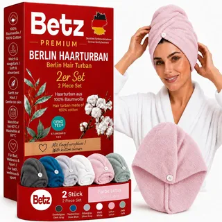 Betz Frottee Turban Berlin – 2er Set Haarturban aus 100% Baumwolle – Turban Handtuch mit Knopfverschluss – Kopfhandtuch für Damen, ideal für Bad & Wellness Farbe Lotus