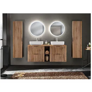 Lomadox Badmöbel-Set XANTEN-56, (Spar-Set, 5-St), anthrazit, Wotan Eiche Nb Rillen schwarz, Doppelwaschtisch mit Regal braun|grau