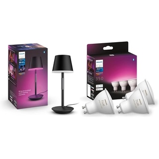Philips Hue White & Color Ambiance Go Tragbare Tischleuchte 370lm, schwarz & White & Color Ambiance GU10 LED Spots 3-er Pack (350 lm)