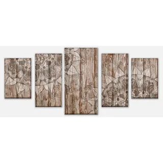 wandmotiv24 Mehrteilige Bilder Holzwand mit Mandalas, Steine & Holz (Set, 5 St), Wandbild, Wanddeko, Leinwandbilder in versch. Größen grau 200 cm x 100 cm x 1.8 cm