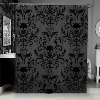 Erosebridal Duschvorhang aus schwarzem Damaststoff, antikes viktorianisches Barock-/Gothic-Stil, Vintage-Blumenmuster, exotischer Zuckerschädel, Badezimmer-Accessoires, 183 cm B x 183 cm L, Skelett