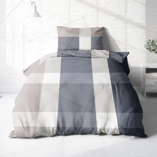 Träumschön Biber Bettwäsche Set 2tlg 155x220 cm + 80x80 cm – Flauschige Bettwäsche Hellgrau – Weiche Winterbettwäsche Kariert - Atmungsaktiv, Warm & Hautfreundlich - 100% Baumwolle