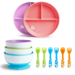 Munchkin Stay Put Schalen mit Saugfuß, 3er-Pack, Stay Put Teller mit Saugnapf Rosa/Violett, Munchkin Bunte Gabeln und Löffel, 6er-Pack.