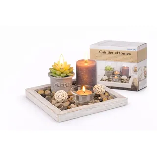 Topshop24you Dekoteller Holz Ø 25 cm Set mit Kerzen & Teelichtern – Tablett rund mit Glas Windlichtern & Dekosteinen, Geschenkidee Home (Eckig)