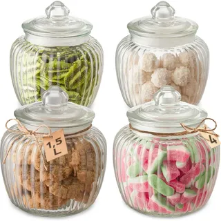 Praknu Bonbonglas mit Deckel Groß - 1,5L - 4 Vintage Vorratsgläser mit Etiketten für Candy Bar, Hochzeit, Party & Küche - Spülmaschinenfest - Für Kekse, Schokolade & Süßigkeiten