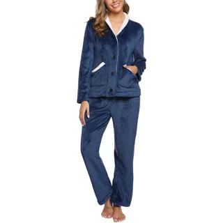 iClosam Schlafanzug Damen Lang Flanell Winter Nachtwäsche Warme Fleece Zweiteiliger Pyjamas mit Knöpfen Einfarbiger V-Ausschnitt Pyjama Set Loungewear Freizeitanzug - XL
