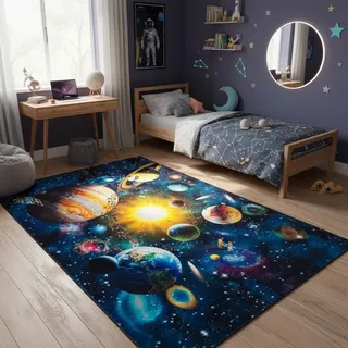 TAPISO Cosmo Game Teppich Kinderzimmer Planeten | Kinderteppich Spielteppich Kinder Bunter Lernteppich Weltraum | Kurzflor, rutschfest, Pflegeleicht, Pädagogisch Dekorativ 200 x 300 cm