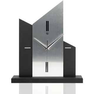 Kreative Feder Standuhr „Silver Church“ aus Holz – Schwarze Tisch-Uhr ohne Ticken; Größe ca. 34,5x30x5cm (Applikation Alu Silber, leises Funkuhrwerk)
