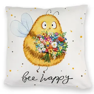 speecheese Kuschelkissen Pummel Biene mit Spruch Bee Happy Hummel Blumen | Design Frühling Glücklich Gezeichnetes Hpnig Strauß zum Schlafen sei glücklich
