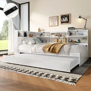 Merax Kinderbett 90x200 Einzelbett Tagesbett mit Ausziehbett, Jugendbett Multifunktionsbett mit Steckdose und USB+Typ C, Stauraum Regal, Holzbett Bettgestell mit Lattenrost(Ohne Matratze), Weiß