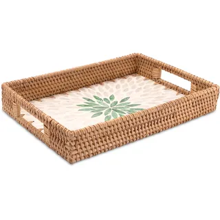 Decorasian Vintage Tablett aus Rattan mit Muschel Mosaik – Dekotablett und Serviertablett mit Griff im Boho Stil - Größe 32cm x 22cm