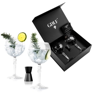 GDLF® Gin-Gläser-Set aus hochwertigem Kristall - Handgefertigt - 2 Gin Tonic-Gläser & doppelseitiges Barmaß Schwarz mit luxuriöser Aufbewahrungsbox, Cocktailgläser, das perfekte Gin geschenkset
