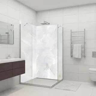 dedeco Eck-Duschrückwand wasserfest mit Marmor Motiv - 2 x 90x200 cm, als Badrückwand zum Fliesenersatz, als Dekorwand, Wandverkleidung und Duschplatte aus hochwertigem Aluminium - Made in Germany