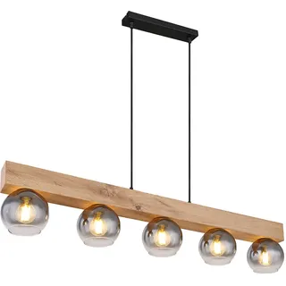 Pendelleuchte Hängelampe Wohnzimmerleuchte Glaskugeln Pendellampe schwarz Holzoptik, 5 flammig, Metall MDF, 5x E27 Fassungen, LxBxH 115x15x120 cm