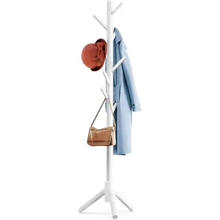 Huucozn Kleiderständer Stehend Weiß holz Stehender Garderobenständer Clothes Rack Massivholz Jackenständer Baumform mit 3 verstellbaren Größen & 9 Haken Taschenständer für Kleidung Hut Schals Taschen