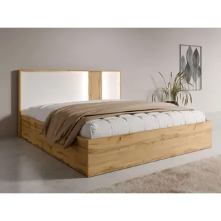 Home Affaire Bett HOME AFFAIRE "Bett Fabella ohne Matratze (Schlaffläche 180x200 cm)", beige (natur, weiß, weiß, artisan eiche, artisan eiche), B:191,3cm H:102,2cm L:206,4cm, Betten, Bett, Bett mit Stauraum und Led-Beleuchtung, BxTxH 191,3x206,4x102,2 cm