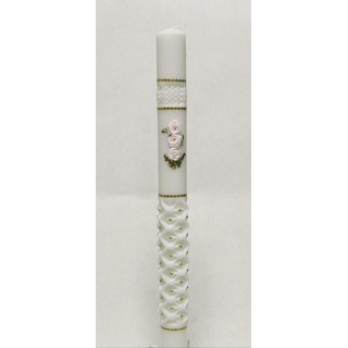 Taufkerze Kommunionkerze inkl. Tropfschutz und Beschriftung KW-BOST-010 Gold/Rosa