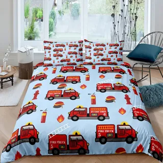 Homewish Feuerwehr Bettwäsche 135x200 Kinder, Feuerwehrauto Helm Hydrant Feuerlöscher Flamme Bettbezug Set für Jungen Mädchen Teenager, Öffentliche Feuerwehrnotrettung Mit 1 Kissenbezug 80x80