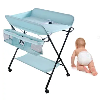 Homewell Baby Wickelkombi Wickelkommode, Mobile Wickeltisch Klappbar, mit Wickelauflage, Sicherheitsgurt, Ablagefächern, süßem Muster und Höhenangabe, Stabil und Bequem (Blau-Licht)