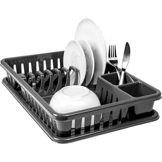 Hausfelder Kunststoff BPA-frei, Abtropfgestell Geschirr, Geschirrkorb mit Auffangschale, Geschirrabtropfgestell (SpaceBlack), Küche