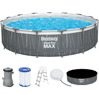 BESTWAY Steel Pro Max Rohr-Aufstellpool-Set 457 x 107 cm rund (mit Kartuschenfilter, Leiter, Abdeckung, LED-Licht)