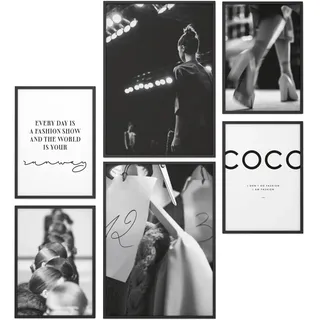 Papierschmiede® Mood Poster Set Coco Runway, Gerahmte Bilder (Rahmen: Material und Farbe wählbar), Wohnzimmer Deko Wandbilder Schlafzimmer, 2x A4 und 4x A5, Model Schwarz-Weiß Fashion Catwalk