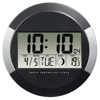 Hama Digitale Wanduhr mit Temperaturanzeige, „PP-245“ (DCF Funkuhr mit Datum, Thermometer, Mondphasen, zum Aufstellen/Aufhängen, 17cm Durchmesser, rund) Digitaluhr, Baduhr Silber/schwarz