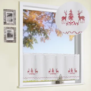 heimtexland Scheibengardine Kreuzstich Stickerei HIRSCHE rot HxB 45x155 cm auf Batist in Natur Country CHIC Landhaus Panneau Gardine Weihnachten Bistrogardine Typ506