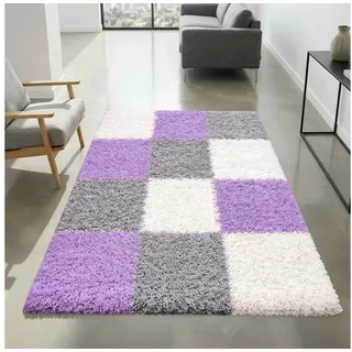Carpetia Teppich Shaggy Teppich Hochflor mit Karomuster flieder lila, rechteckig, Höhe: 30 mm grau|grün 80 cm x 150 cm x 30 mm