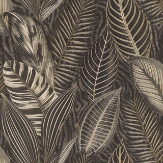 Rasch Tapete 751833 - Vliestapete mit großen Blättern in Schwarz, Grau und Gold Metallic aus der Kollektion African Queen III
