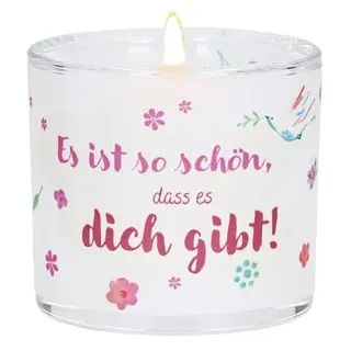 LichtMoment „Es ist so schön ..." Glas-Windlicht mit bunten Blumen: mundgeblasen inkl. Teelicht und Geschenkverpackung, im Format 6 x 6,5 cm. Ideal als kleines Geschenk
