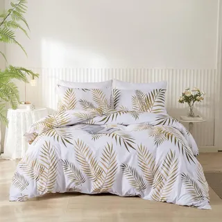 YASMENG Bettwäsche 135x200 Gold Weiß Blätter Bettwäsche Gold Blätter Motiv Modern Aesthetic Weich Mikrofaser Bettbezug Set 2teilig mit Reißverschluss und 80x80 cm Kissenbezug
