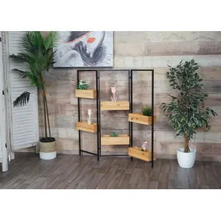 Mendler Raumteiler mit Pflanzkasten HWC-L32, Blumenkasten Raumtrenner, Holz-Stahl 116x118cm Gestell schwarz, naturfarben